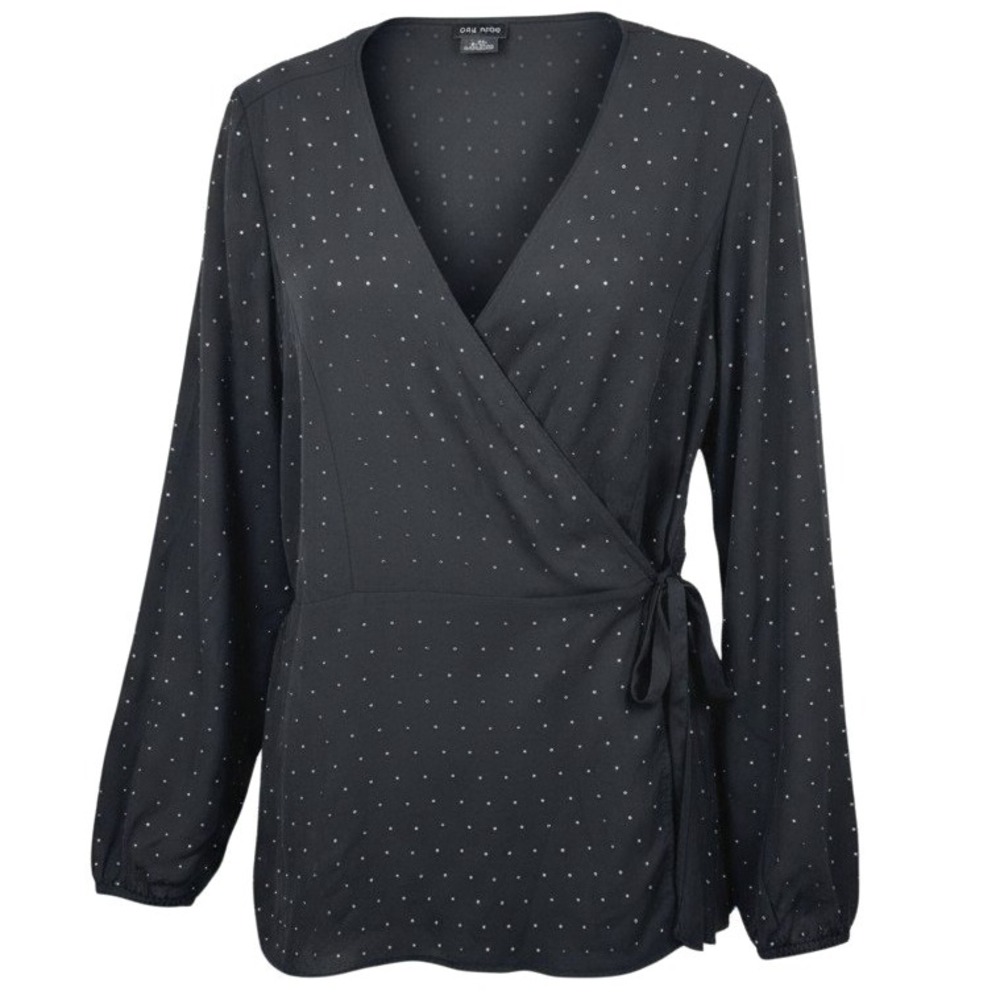 City Chic Blouse XL 22 Black‎ Faux Wrap Sparkle Dot Long Sleeve Party Cocktail